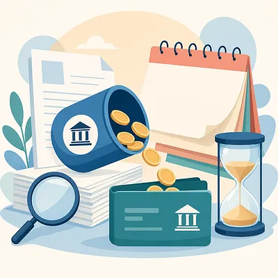Ilustración de reembolso fiscal con documentos, calendario, monedas, tarjeta bancaria, lupa y reloj de arena