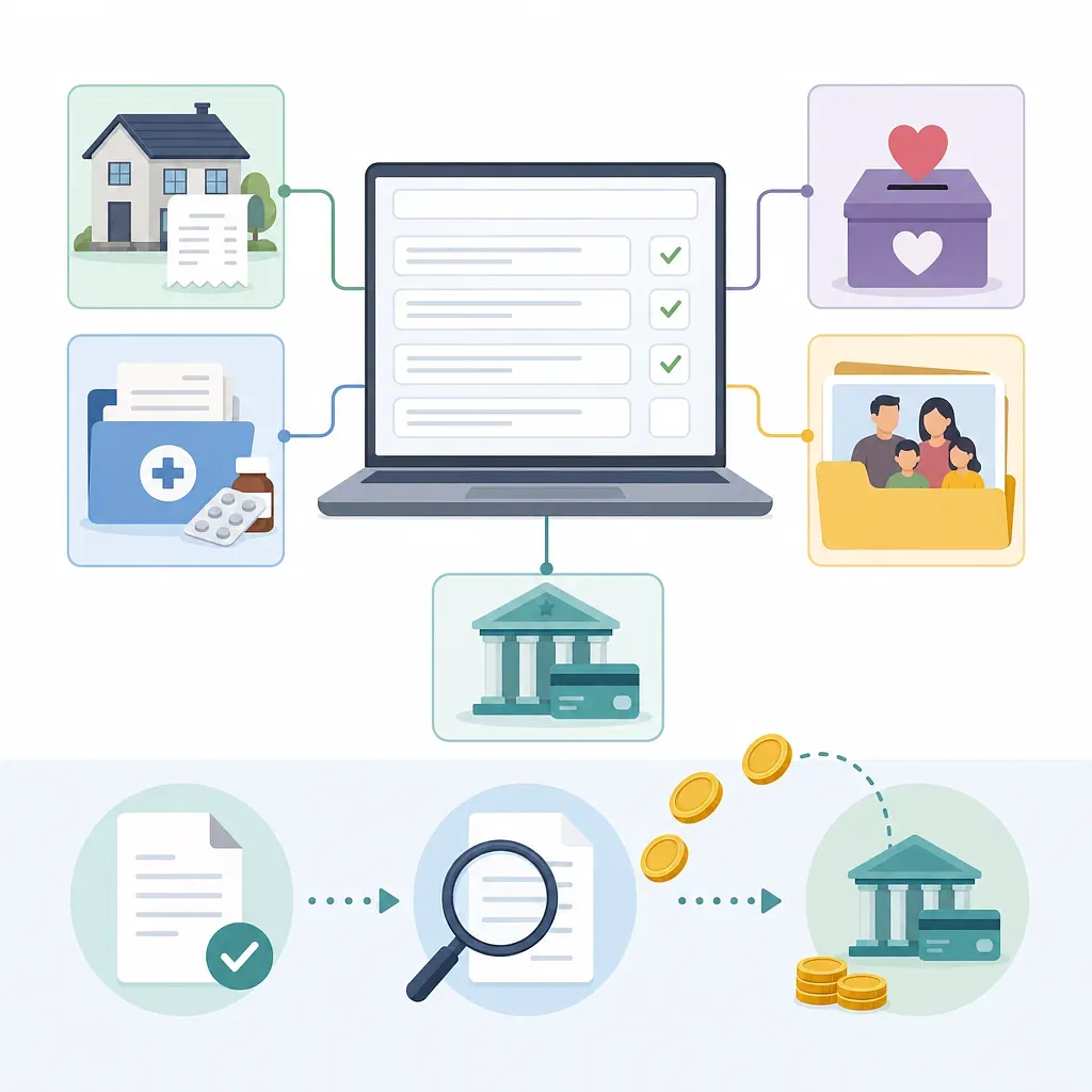 Tax checklist linked to housing, medical, donation, family, and bank records, with a refund process