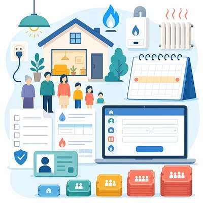 Illustration of a family, home heating, calendar, online form, and vouchers by household size