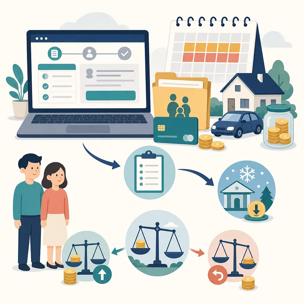Proceso del crédito fiscal con formulario digital, calendario, familia, bienes, monedas y balanzas