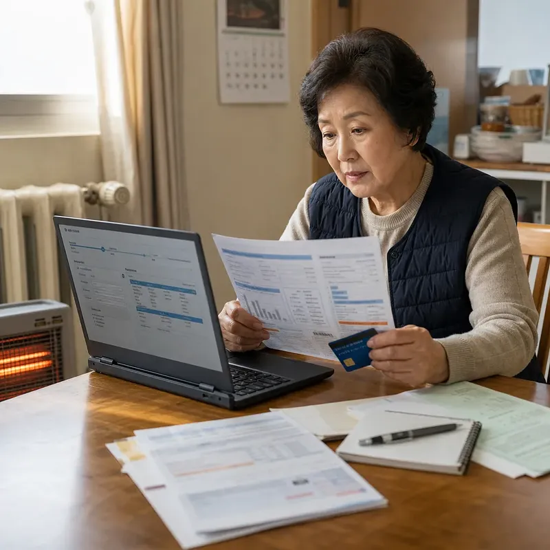 暖房器具のそばでノートパソコンとカードを使いエネルギー料金の書類を確認する高齢女性